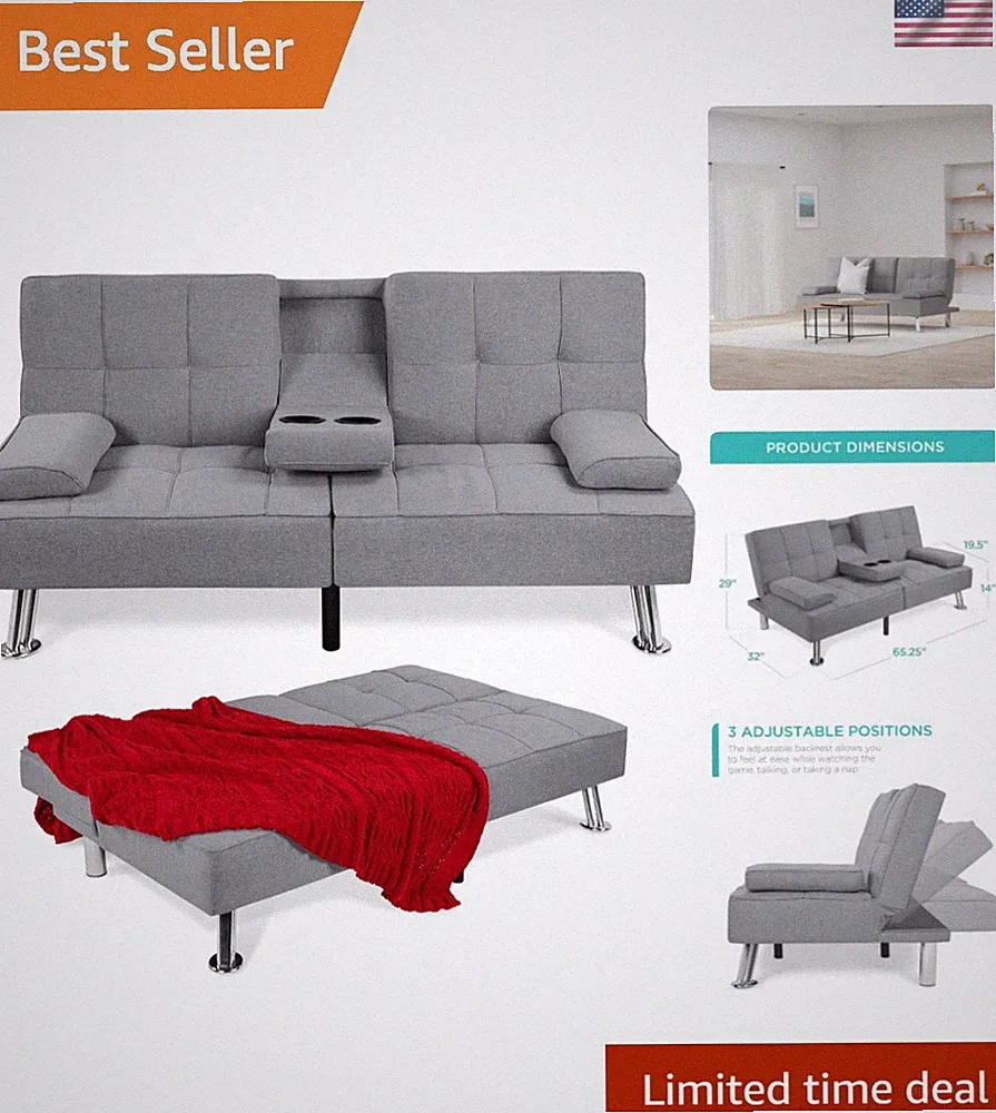 Linen Modern Folding Futon, Reclining Sofa Bed for Apartment, Dorm w/Removabl...