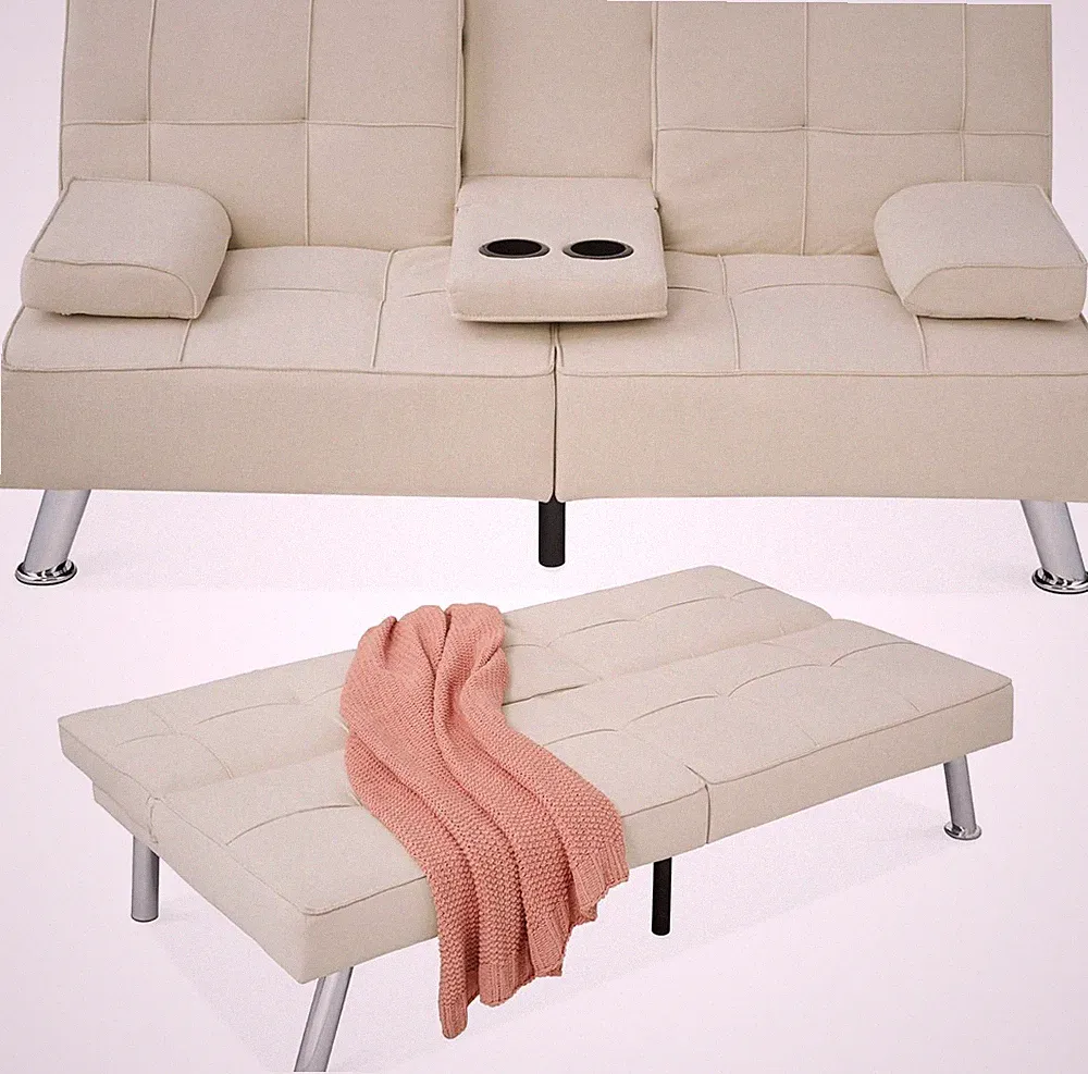 Linen Modern Folding Futon Reclining Sofa Bed Removable Armrests 2 Cupholders