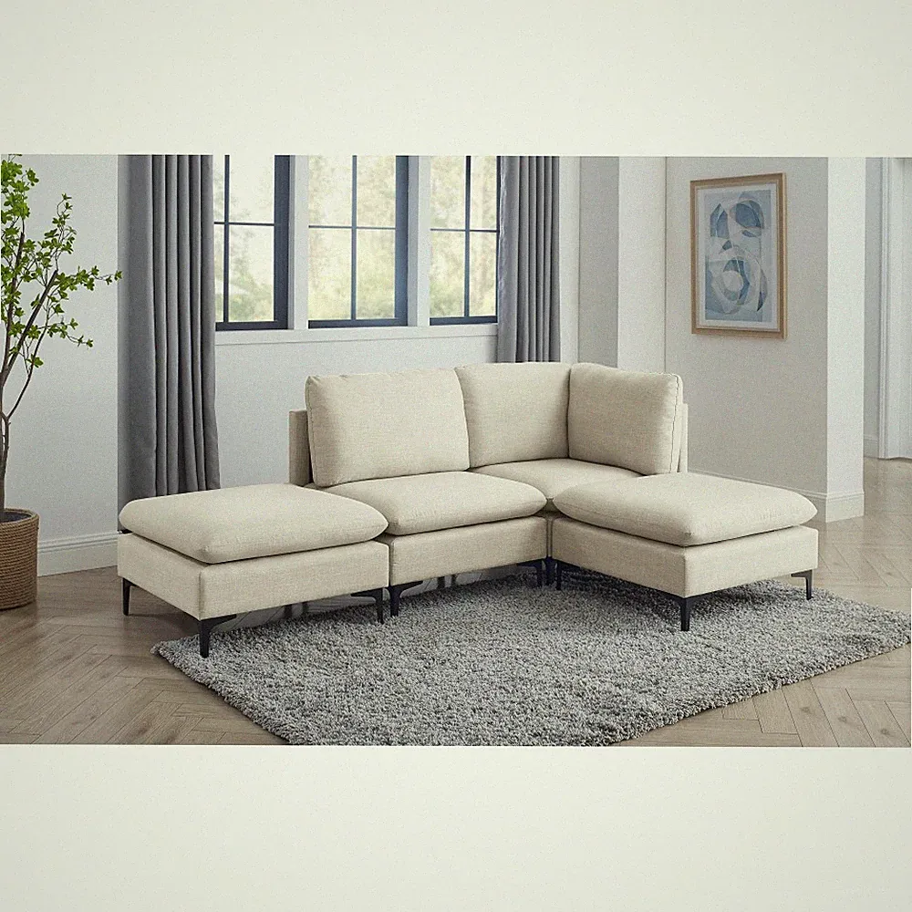Linen Modular Sectional Sofa, Almond, 4-Seat w/ Metal Legs, Medium Firm Cushion