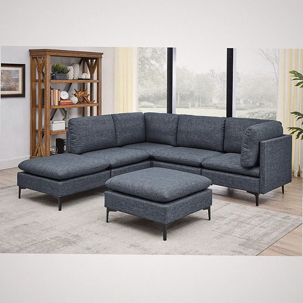Linen Modular Sectional Sofa, Dark Blue, 6 Seat, 123"L x 61.5"W