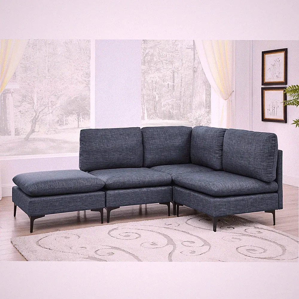 Linen Modular Sectional Sofa, Dark Blue, 91"L x 61.5"W x 35"H, 4 Seat