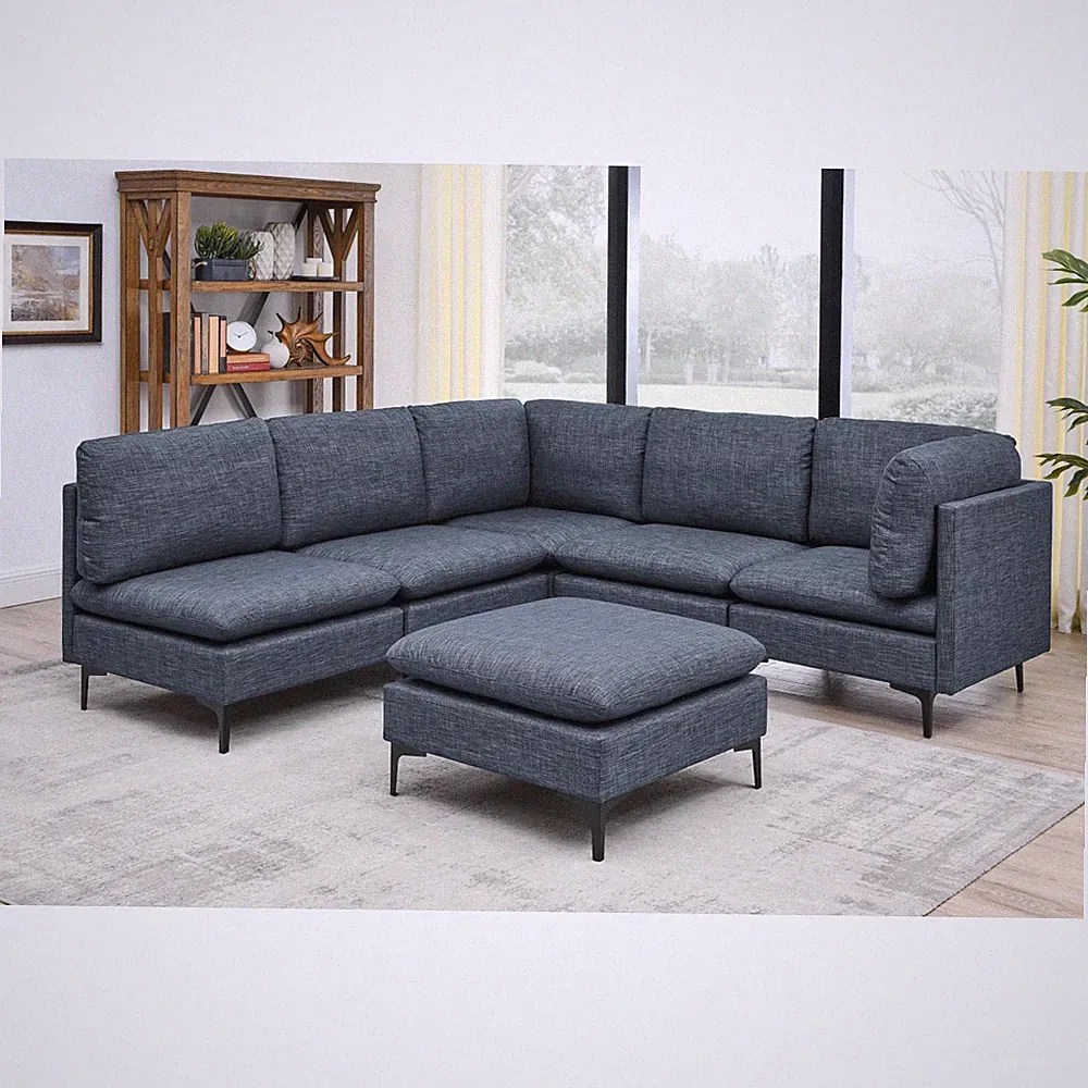 Linen Modular Sectional with Metal Legs, Dark Blue, 93.5" L x 91" W