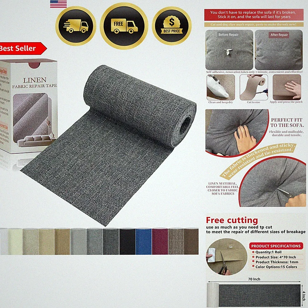 Linen Repair Tape Fabric Patch Self Adhesive Furniture Sofa Bed Curtain Grey...