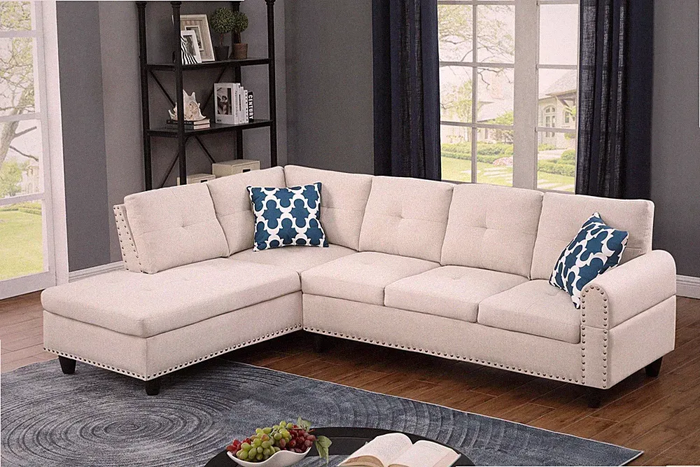 Linen Sectional Sofa with Chaise Beige 98"