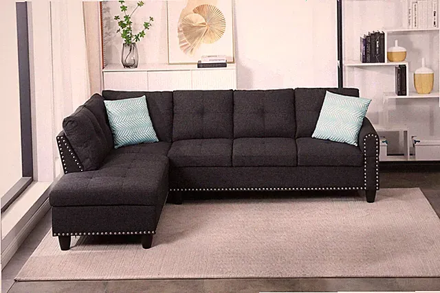 Linen Sectional Sofa with Chaise Charcoal Grey 98"