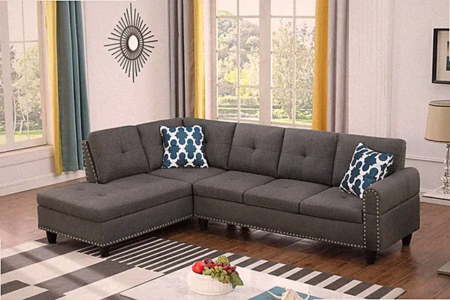 Linen Sectional Sofa with Chaise Dark Gray 98"