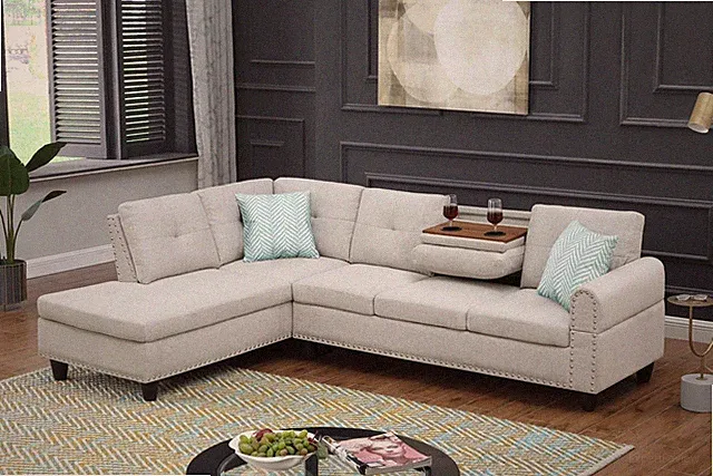 Linen Sectional Sofa with Chaise Light Gray 98"