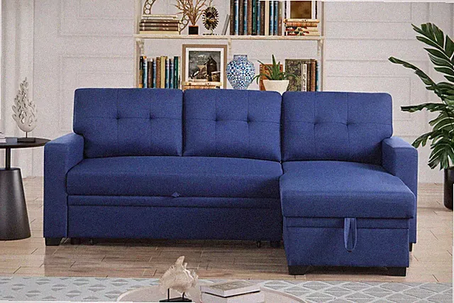Linen Sectional Sofa with Chaise Sleeper Blue 82"