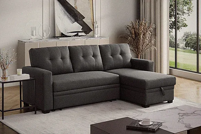 Linen Sectional Sofa with Chaise Sleeper Dark Gray 82"