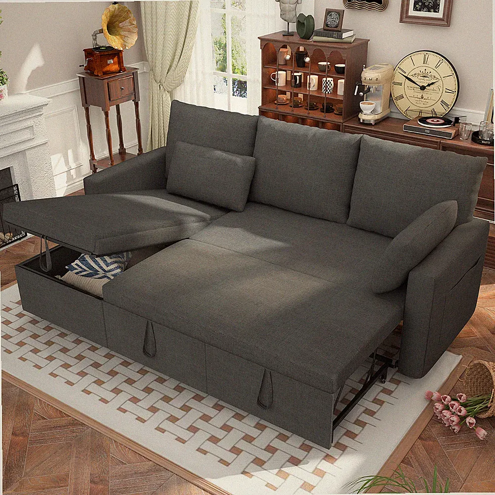 Linen Sleeper Sofa Bed,Pull OutCouch Bed with Storage Chaise