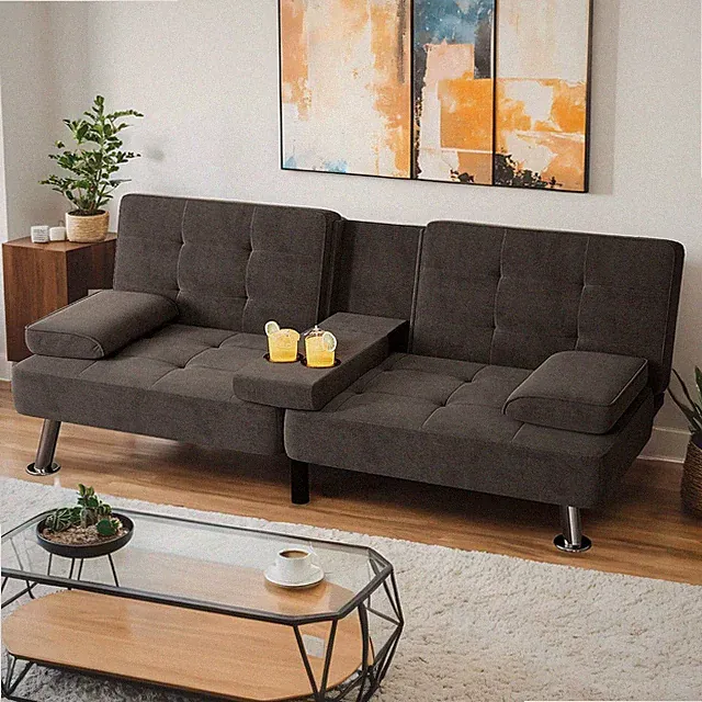 Linen Upholstered Convertible Folding Futon Sofa Bed W/ Removable Modern