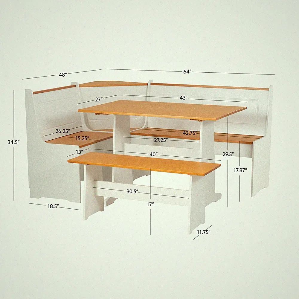 Linon Ardmore Pine Wood Corner Nook Dining Set with Storage in White and Natural