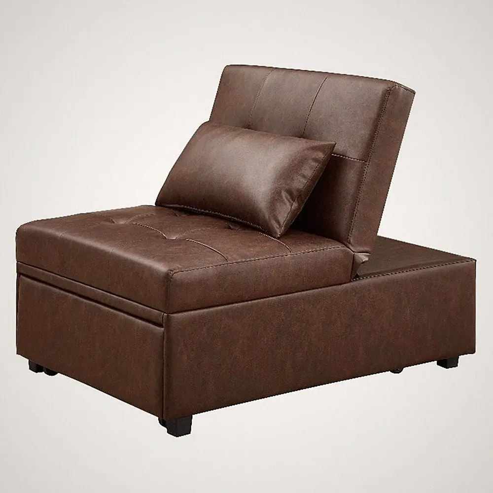 Linon Boone Upholstered Faux Leather Convertible Chair to Sofa Bed in Brown