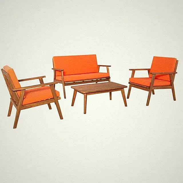 Linon Cooper Outdoor 4 Piece Wood Chat Set with Orange Cushions in Acorn Brown