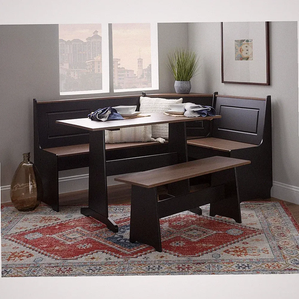 Linon L-Shape Corner Dining 3-Piece Storage Breakfast Nook Set Black/Pecan