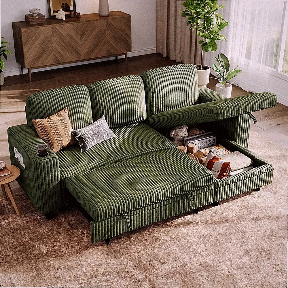 LINSY HOME Sectional Sleeper Sofa Green USB Cup Holders