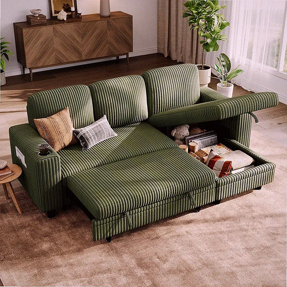 LINSY HOME Sectional Sleeper Sofa Pull Out Couches for Living Room (Green, Sleep