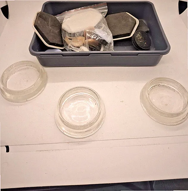 Listing Title: Vintage Glass Furniture Glides & Sliders Lot | Glass Caster Cups
