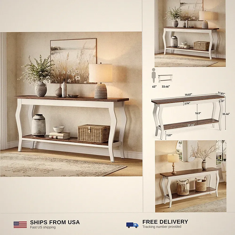 LITTLE TREE 70.9 Inches Long Console Table, 2-Tier Vintage Wooden Sofa Table...