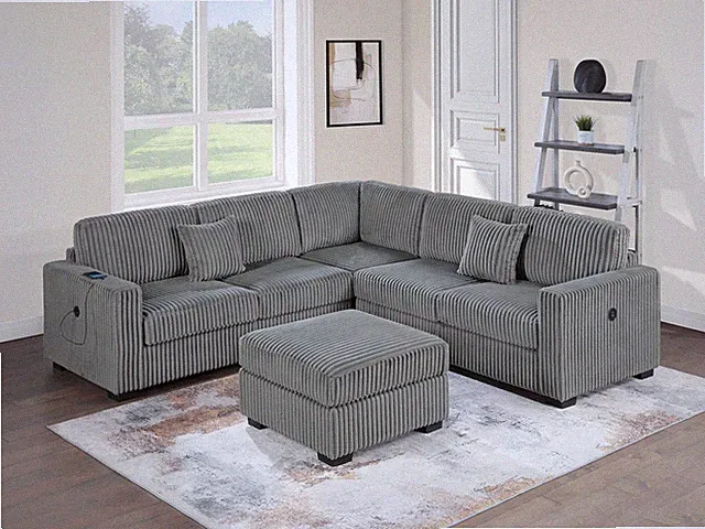 Living Room Corduroy Upholstered Smoke 4pc Sectional Set RAF/LAF One-Arm Lovesea