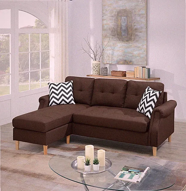 Living Room Corner Sectional Dark Coffee Polyfiber Chaise sofa Reversible Sectio