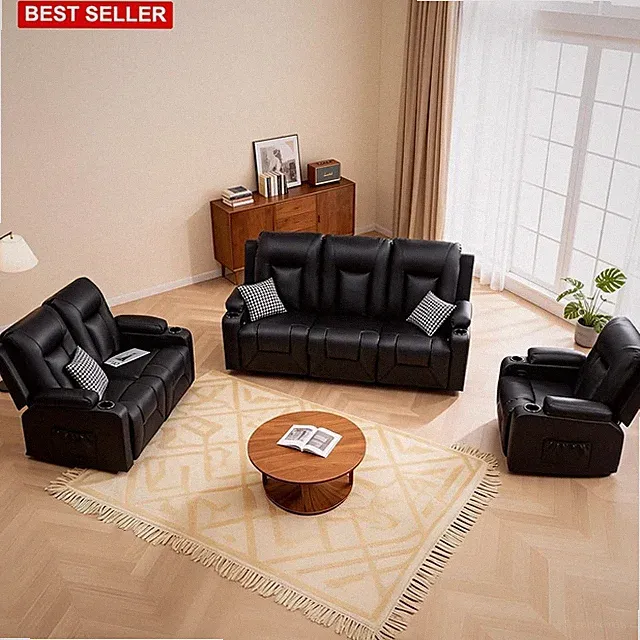 Living Room Furniture Set 3+2+1 Faux Leather Recliner Sofa Modern Black
