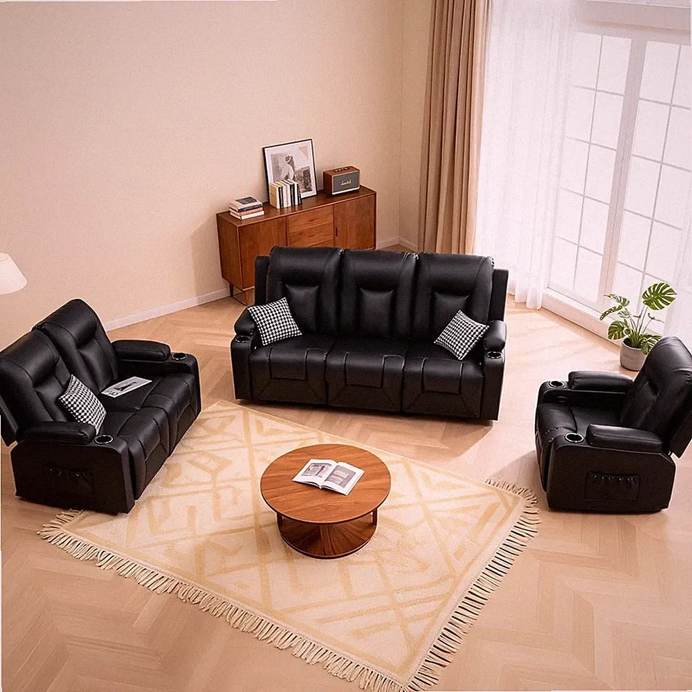 Living Room Furniture Set,Faux Leather Manual Recliner Sofa Sets