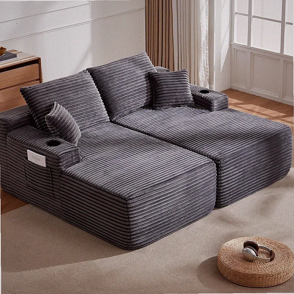 Living Room Sectional Couch Fabric Sofa w/ Double Chaise Lounge Sofa w/4 Pillows