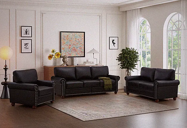 Living Room Sofa with Storage Sofa 1+2+3 Sectional Black Faux Leather