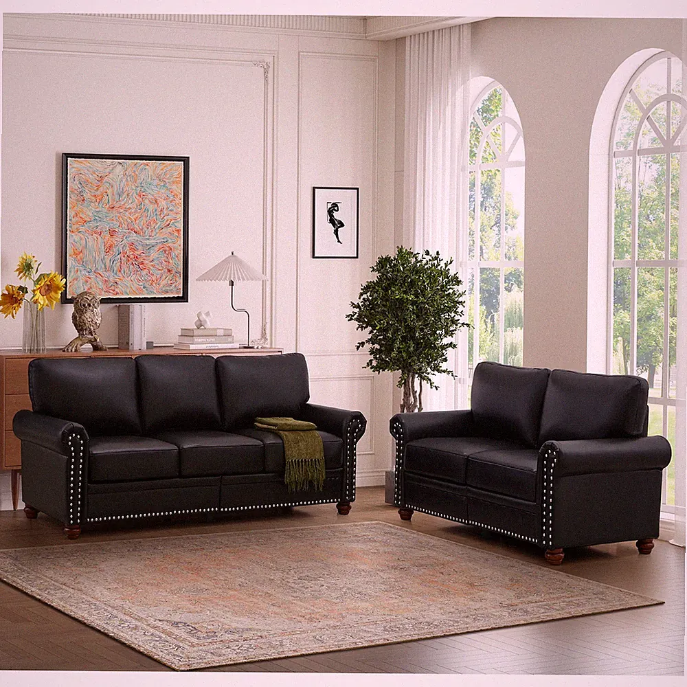 Living Room Sofa with Storage Sofa 2+3 Sectional Black Faux Leather