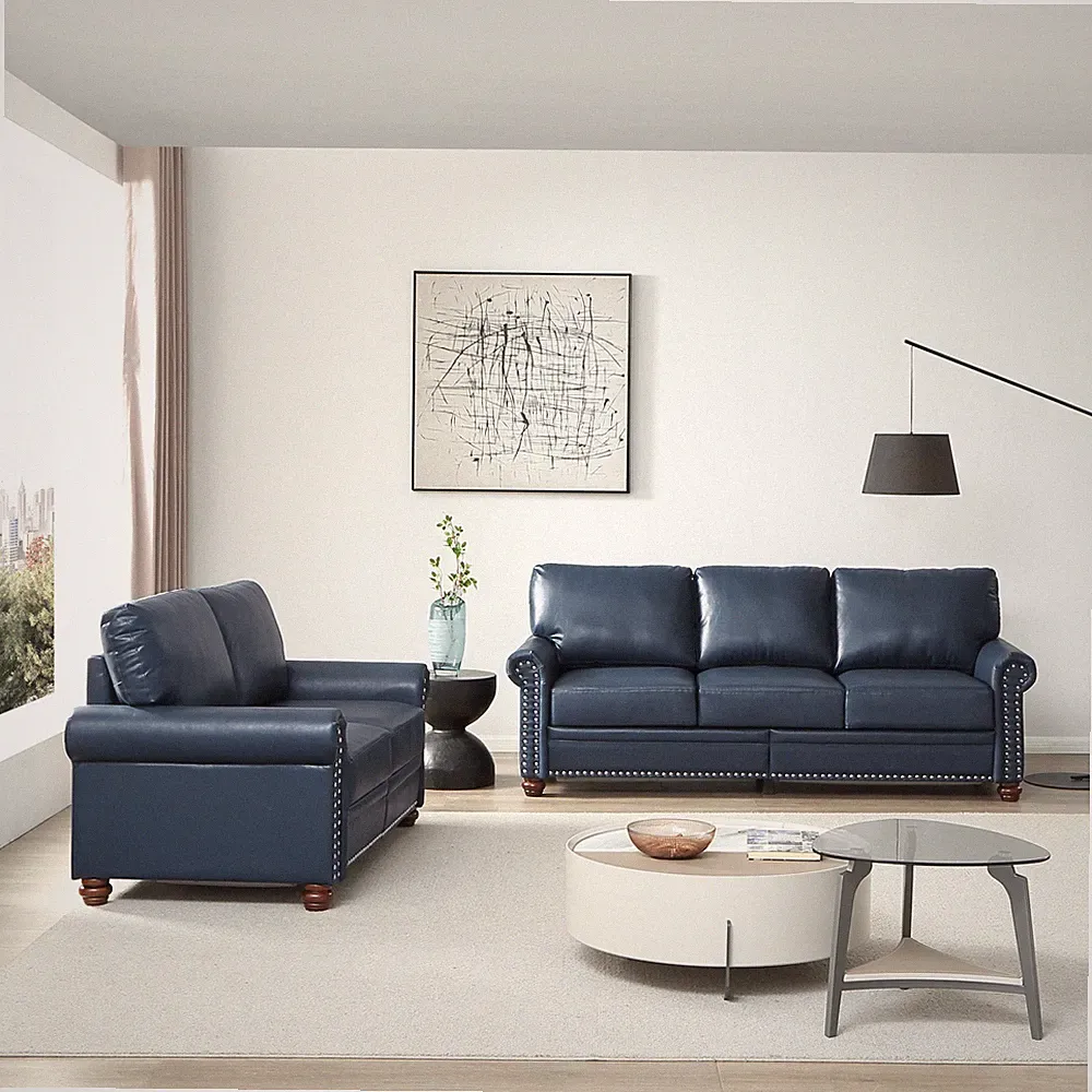 Living Room Sofa with Storage Sofa 2+3 Sectional Navy Blue Faux Leather