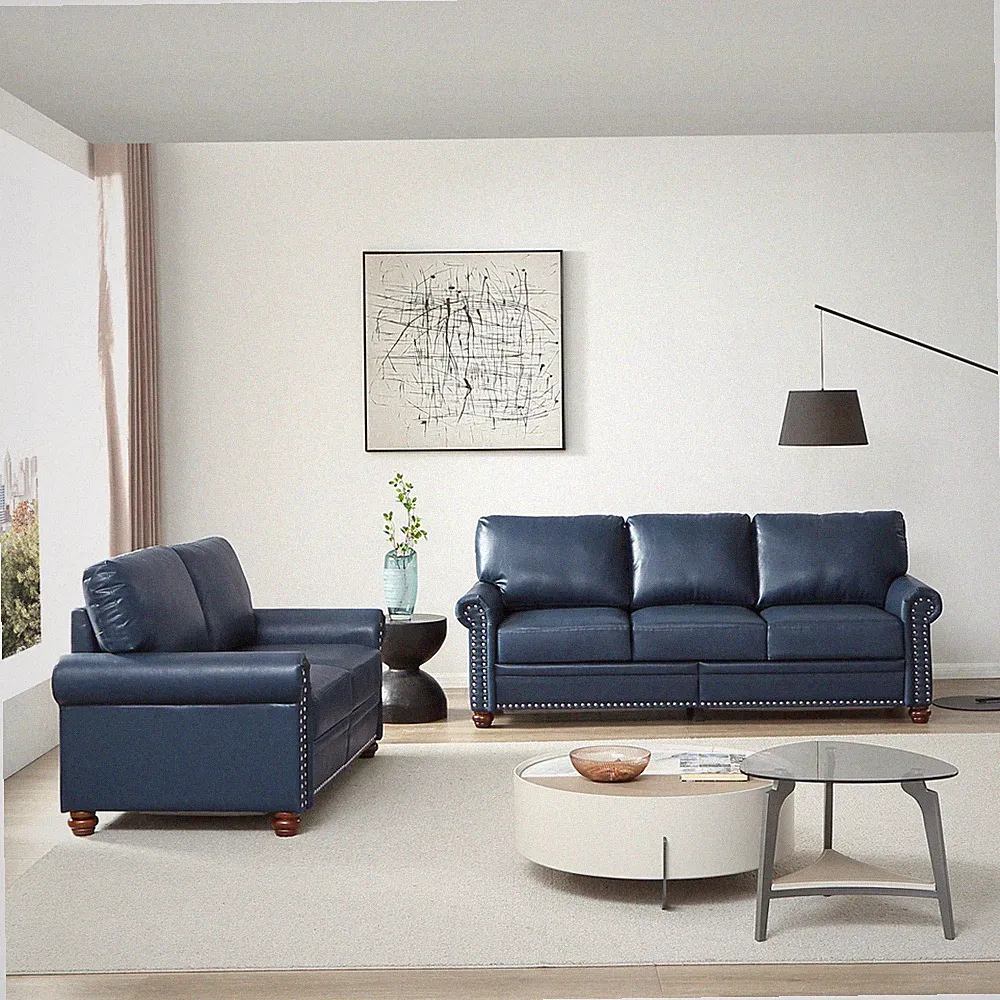 Living Room Sofa with Storage Sofa 2+3 Sectional Navy Blue Faux Leather
