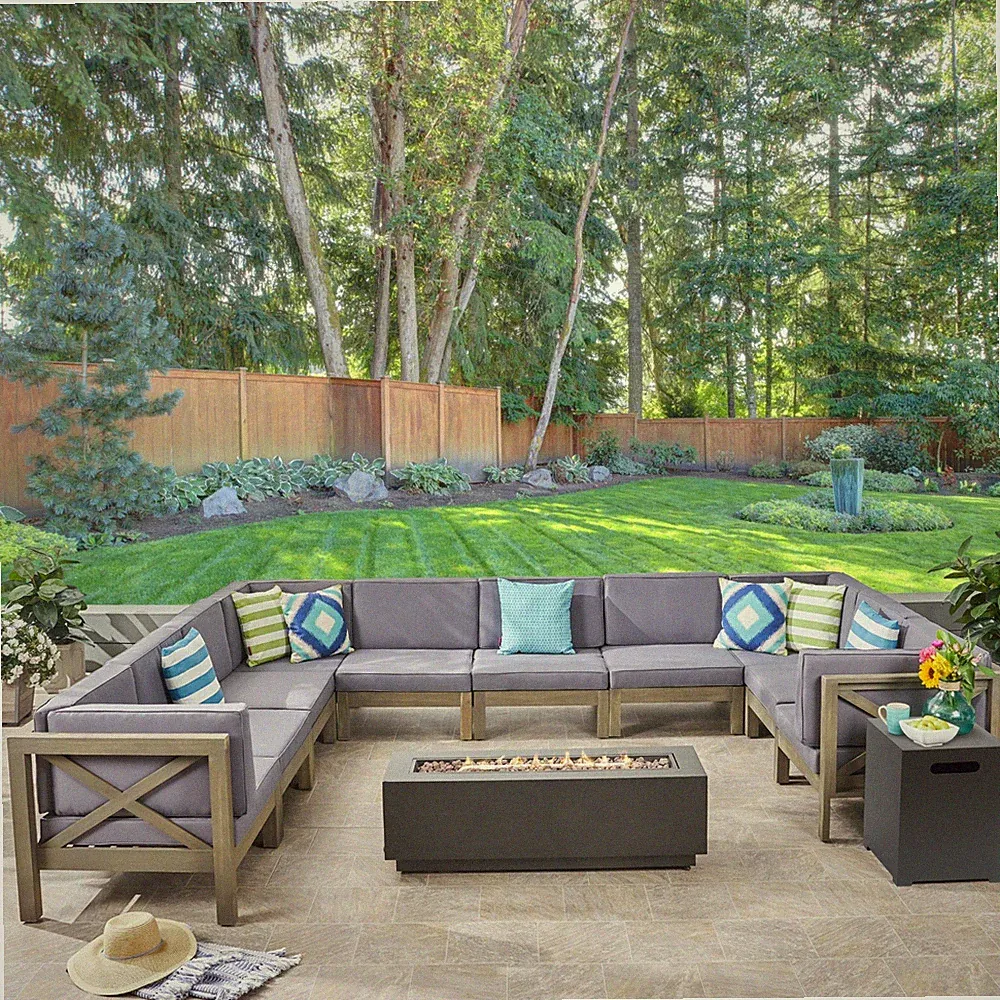 Lorelei Outdoor Sectional Sofa Set with Fire Pit 12-Piece 10-Seater Acacia Wood