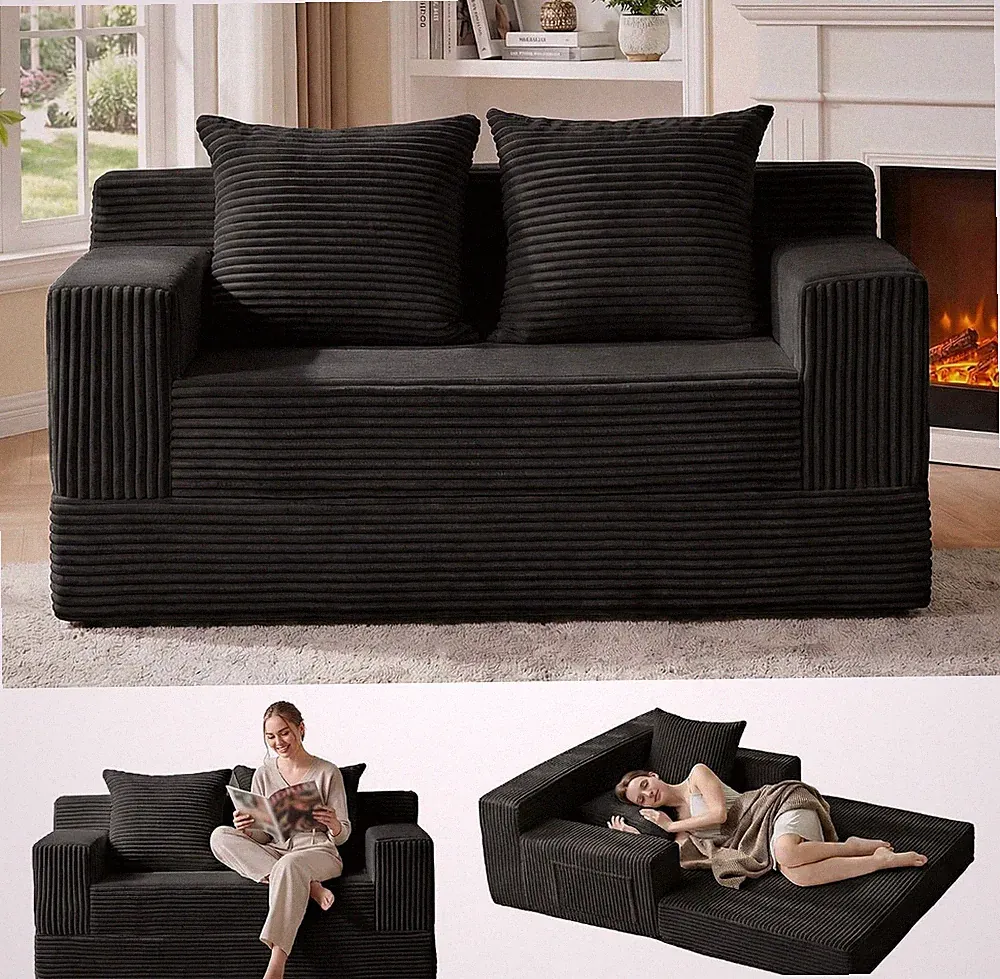 Loveseat Convertible Sofa Bed Corduroy Foldable Couch Sleeper with 2 Pillows for