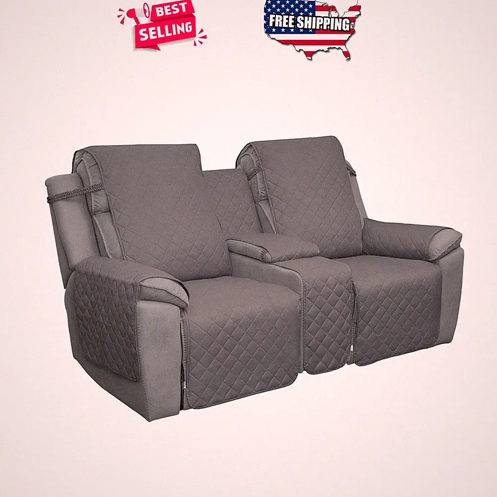 Loveseat Recliner Sofa Cover with Console Elastic Straps Water Resistant Gray