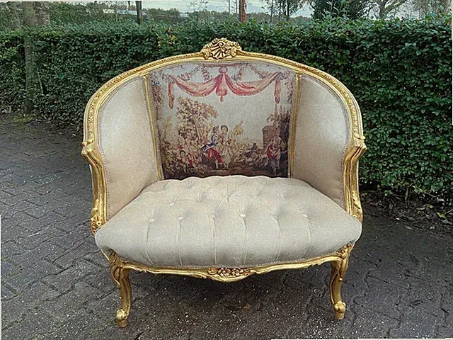 Loveseat Settee Marquis 1960s French Gold Leaf Beige Velvet Scenic Panel Couch