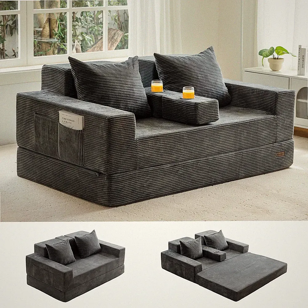 Loveseat Sofa Bed, 64" Foldable Floor Sofa Couch in A Box with 2 Cup Holders