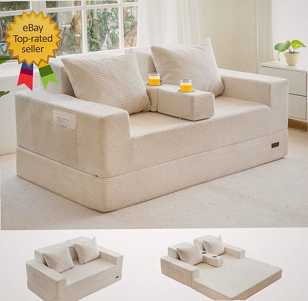 Loveseat Sofa Bed 64" Foldable Floor Sofa Couch in a Box with 2 Cup Holders 4 in
