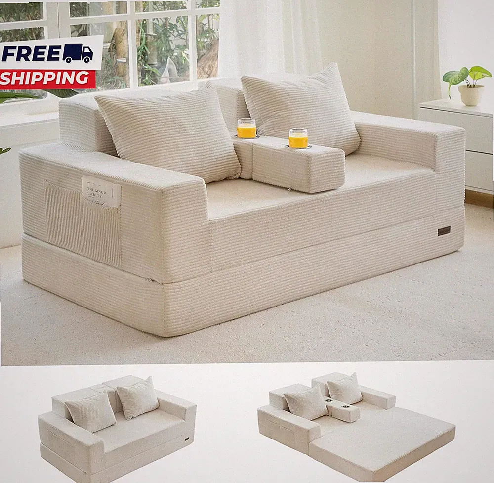 Loveseat Sofa Bed 64" Foldable Floor Sofa Couch in a Box with 2 Cup Holders