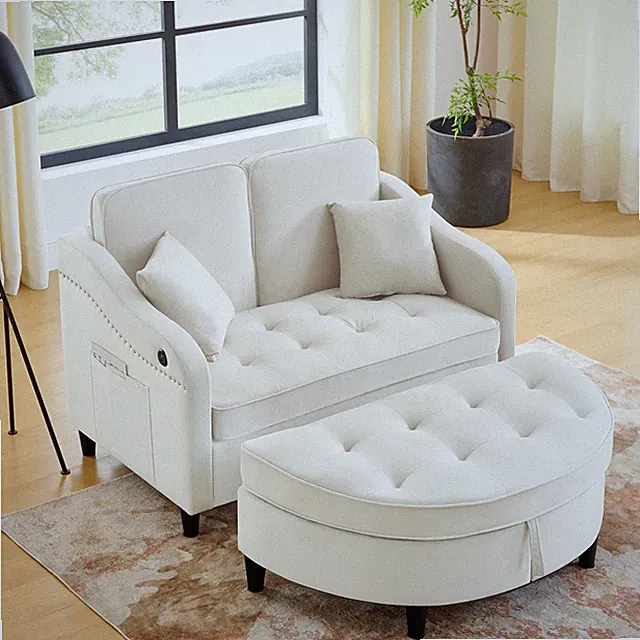 Loveseat Sofa Couch Adjustable Backrest Storage Ottoman USB Port Modern Fabric