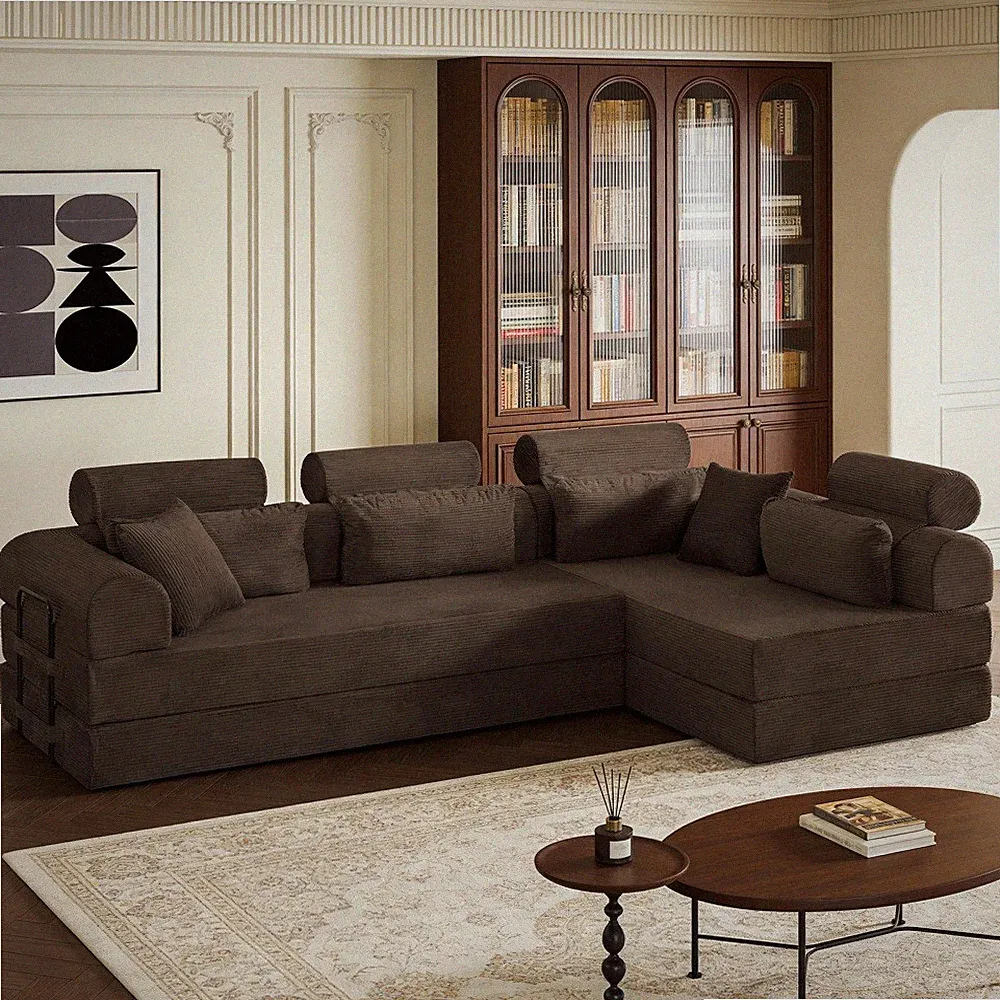 Lshaped modular sectional, corduroy, unfolds to bed, Brown, space-efficient