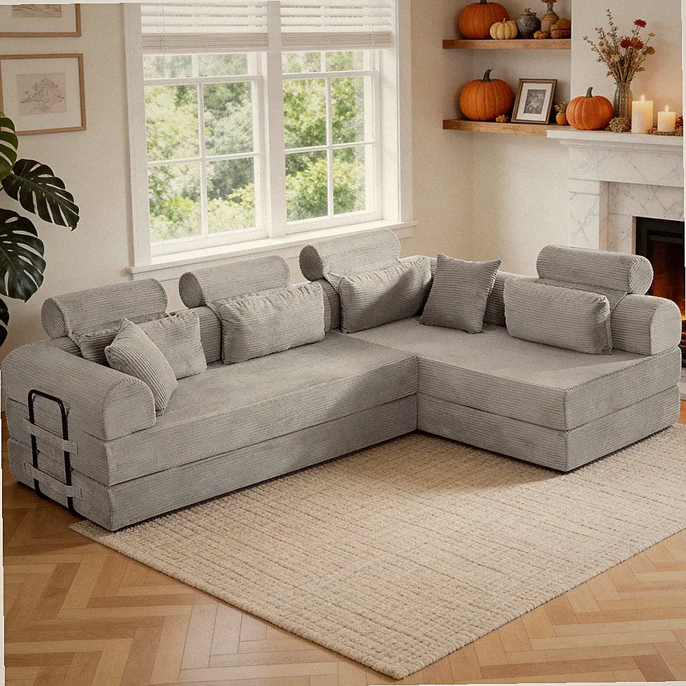 Lshaped modular sectional, corduroy, unfolds to bed, light gray, space-efficient