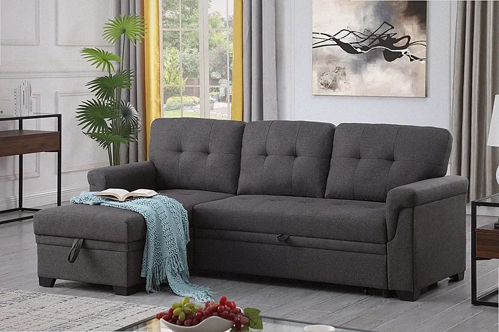 Lucca 84" Dark Gray Linen Reversible Sleeper Sectional Sofa with Storage Chaise