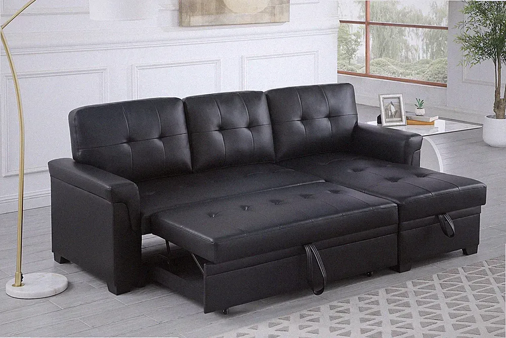 Lucca 84"W Black Vegan Leather Modern Reversible Sleeper Sectional Sofa with Sto