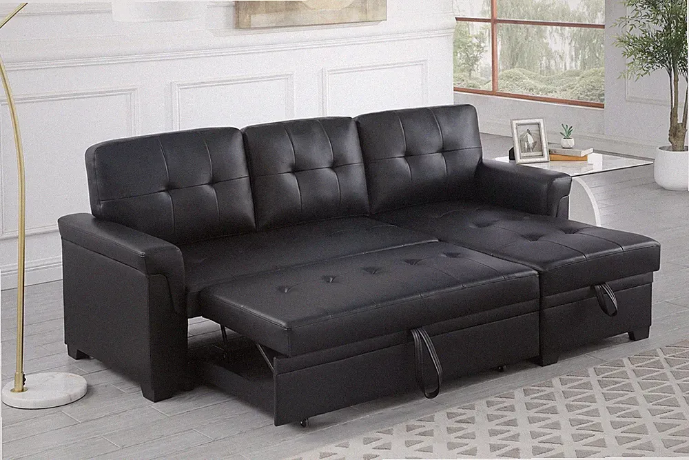 Lucca 84"W Black Vegan Leather Modern Reversible Sleeper Sectional Sofa with Sto