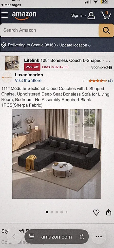 Luxanimarion 111in Modular L-Shaped Sectional Sofa, Black Sherpa Upholstery