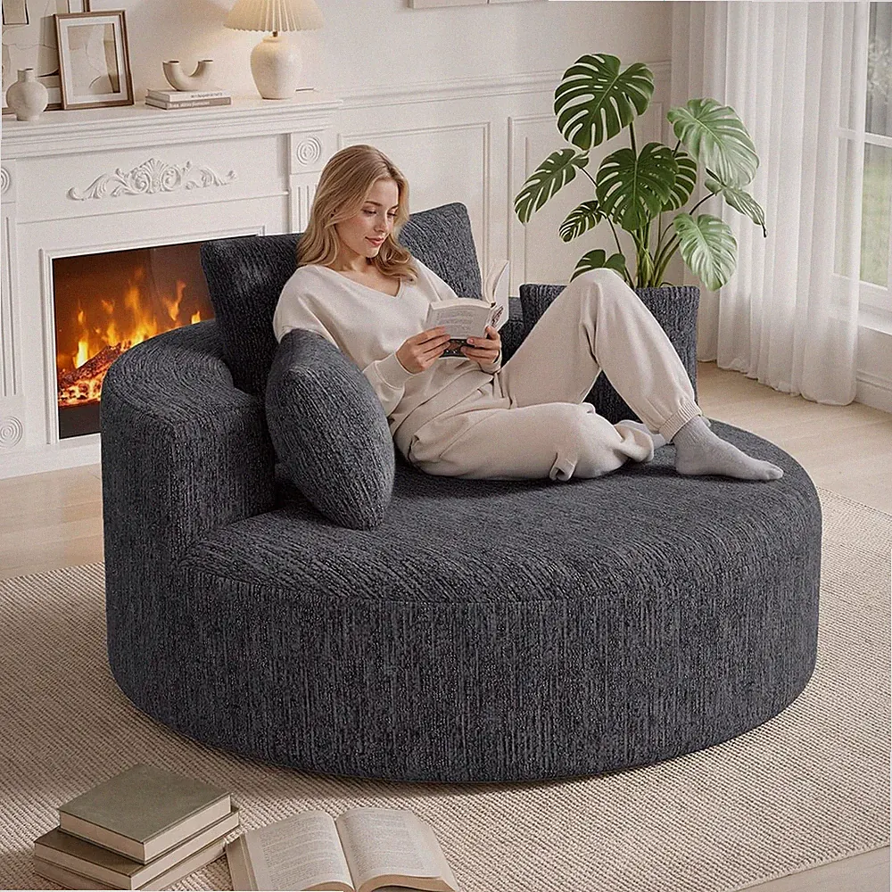 Luxanimarion Oversized round Chaise Lounge Chair with Pillows, Modern 55'' Cheni