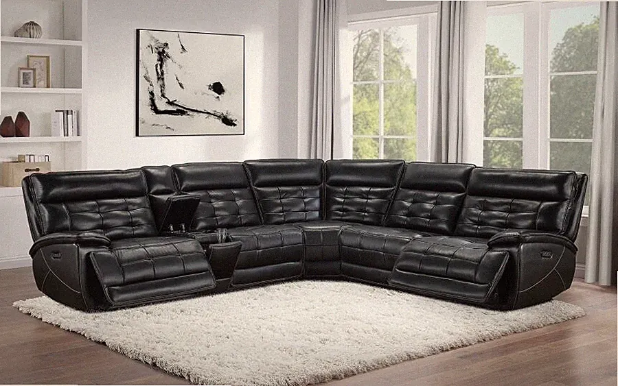 LUXE TOP GRAIN BLACK LEATHER RECLINING SECTIONAL CONSOLE LIVING ROOM FURNITURE