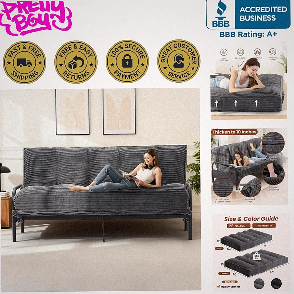 Luxurious 10-Inch Corduroy Futon Mattress - Multi-Functional Sofa Bed in Gray