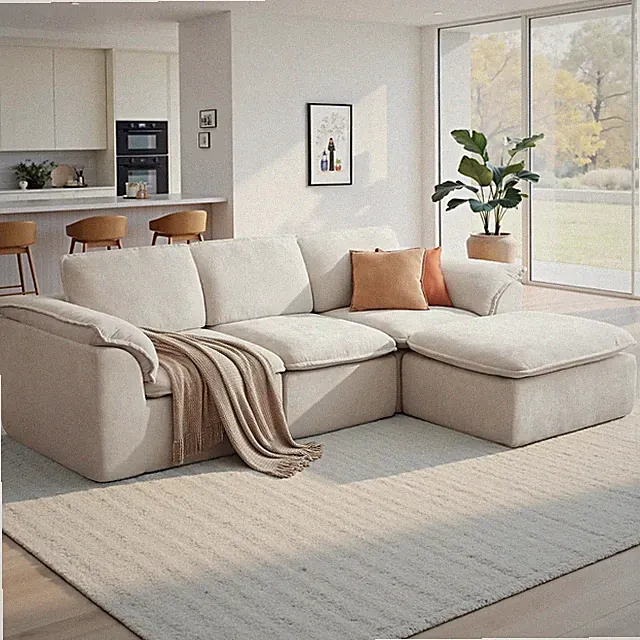 Luxurious 112" White Cloud Couch Sectional with Ottoman - No Assembly Needed